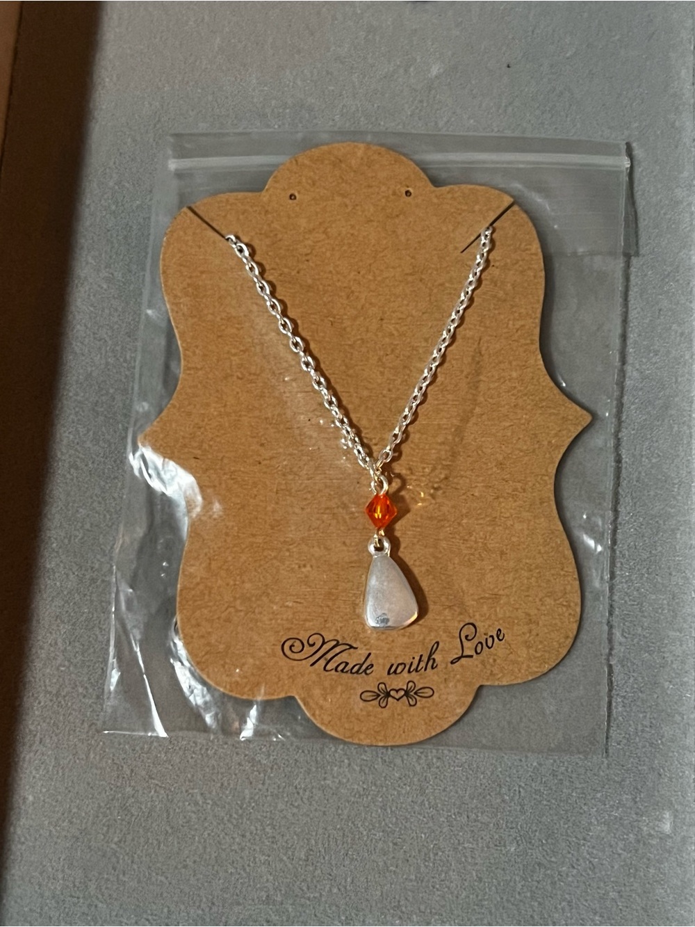 Silver tone Teardrop Pendant Necklace with Orange Accent - Made with Love